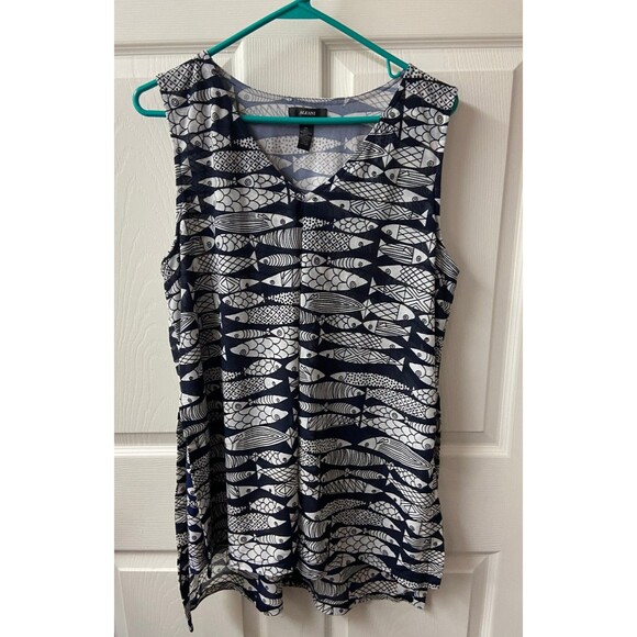 Alfani Tunic Tank Top  Womens XL Stretch Black White Fish Print V Neck Pleat - Picture 1 of 7